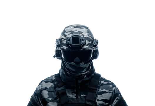 A soldier stands confidently wearing tactical gear and mask isolated on transparent background
