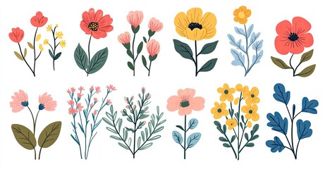 A vibrant collection of illustrated flowers showcasing various species and colors, ideal for design
