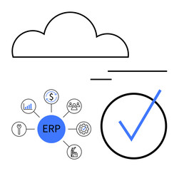 Cloud graphic above ERP hub and related icons for management, finance, tools, gear, checkmark. Ideal for business planning, cloud computing, operations tech finance organization workflow. Flat