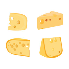 Vector illustration of cheese in cartoon flat style. Cartoon cutted parmesan, brie triangle, mozzarella, gouda cheddar and feta slices. Tasty dairy food product. Cheese vector set, parmesan cheddar