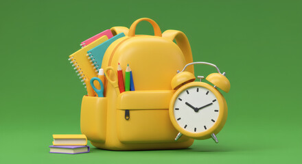 A yellow backpack with an alarm clock and school supplies symbolizes the back-to-school season, organization, and academic readiness.

