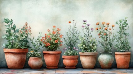 Row of terracotta pots with various plants against a light, textured wall.