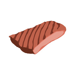 Vector illustration of grilled meat in cartoon flat style. Cartoon fried steak with grill marks. Chicken, pork, beef, burger patty. Raw, cooked and roasted meat vector set. Food meal for bbq