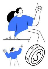 Individuals gesturing with raised hands, large coin with dollar sign. Ideal for business, finance, education, innovation, teamwork, decision-making motivation. Abstract line flat metaphor