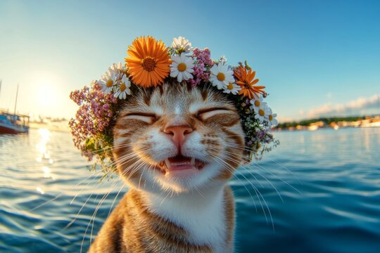 Cute adult cat pixiebob wearing free flower crown on its head. Golden hour in sunset. Warm season happiness. Pet&acirc;&euro;&trade;s peaceful summer happiness. Little adventurer in a floral wonderland.