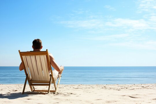 Fototapeta Man relaxing on beach chair looking at the ocean on a sunny day. Serene and peaceful scene
