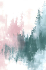abstract art of a forest with a few brushstrokes in mintgreen and teal on a white background One brushstroke in dusty rose