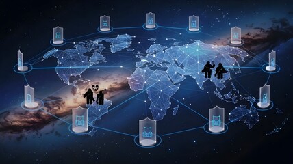 A digital illustration of a global network with multiple interconnected nodes. Each node represents a business. There are multiple cybersecurity systems in place, represented by shields