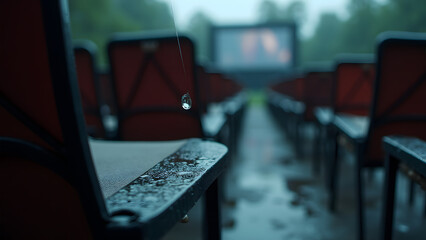 Open-air cinema abandoned to rain, with one droplet preserving the memory of entertainment past.
