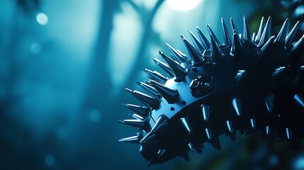 Close-up of a spiky caterpillar in a dimly lit forest with eerie blue tones, evoking a sense of mystery and intrigue in nature