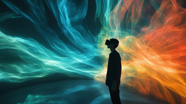 Interactive digital technology, teenager explores world using VR headset, experience virtual reality