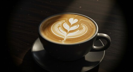 A close up shot of a latte with latte art in a dark mug on a saucer with a dark background