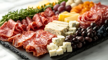Variety of gourmet cold cuts with blue cheese, olives and fresh grapes. Rustic wooden board with assortment of deli meats and cheeses. Celebration of National Cold Cuts Day