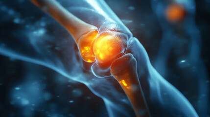 a 3d animated scene with a knee joint rotating, showcasing its anatomy and common pain points, perfect for medical videos or educational content.