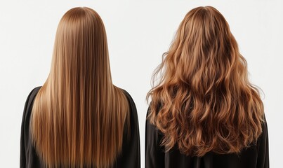 Hair transformation back view before and after straightening on woman with black shirt