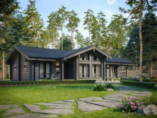 A beautifully designed contemporary wooden home snugly situated within a picturesque forested setting