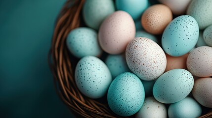 Soft pastel-colored Easter eggs nestled comfortably in a natural basket create a serene and peaceful ambiance perfect for the spring holiday of Easter.