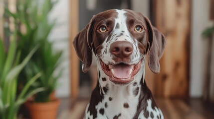 A joyful brown and white spotted dog grins happily while sitting in a cozy home environment, surrounded by green plants, radiating warmth and friendliness.