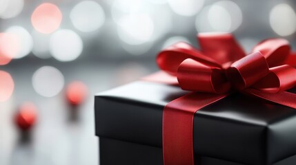 This image portrays a chic black present topped with a glossy red bow, symbolizing joy and thoughtfulness, making it an ideal representation of celebration and gifting.