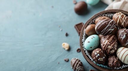 Obraz premium An enticing mix of assorted chocolate eggs arranged in a rustic bowl, surrounded by scattered chocolate pieces, capturing the essence of festive dessert celebrations.