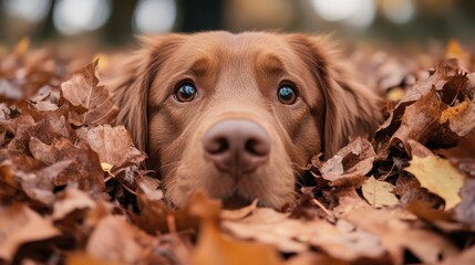 A golden retriever peeking through vibrant autumn leaves, capturing the essence of nature's beauty in fall while showcasing the dog's curiosity and attentiveness.