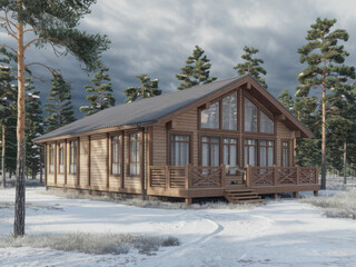 A stunning and charming wooden cabin nestled among snowladen trees, perfect for peaceful winter retreats