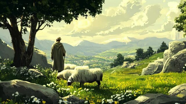 Tranquil scene of shepherd jesus with grazing sheep in lush green pasture, overlooking rolling hills and scenic landscape, shepherd jesus and sheep