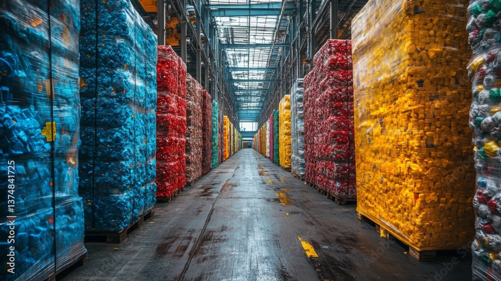 Poster large logistics warehouse features neatly arranged pallets of colorful recyclable materials stacked 