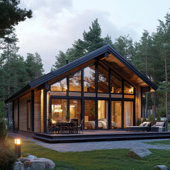 A stunning modern cabin featuring large windows, beautifully nestled within serene and peaceful woodland settings