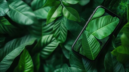 This artistic shot features a smartphone partly hidden among vibrant green leaves, symbolizing the coexistence of technology and nature in a harmonious yet dynamic relationship.