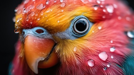 An exquisite close-up of a colorful parrot's face adorned with droplets of water, showcasing vibrant hues and inviting gaze that embody the beauty of nature's diversity.