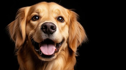 This engaging portrait features a golden retriever with a joyful expression and tongue out, showcasing a friendly interaction with the viewer and exuding warmth and happiness.