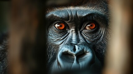 Obraz premium This intense photograph captures the gaze of a gorilla through bars, highlighting themes of captivity versus freedom and the poignant connection between animals and their environment.
