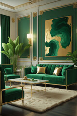 Opulent Green and Gold Living Room with Abstract Wall Art