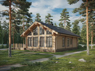 A stunningly beautiful wooden house is beautifully nestled amidst tall trees, contributing to a serene natural setting