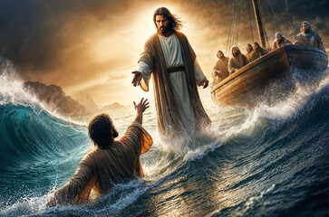 Scene from the Bible, specifically the story of Jesus Christ walking on water
