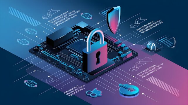 secure connection or cybersecurity service concept of compute motherboard closeup and lock with login and connecting verified credentials as wide banner design with copy space area