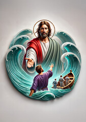 Scene from the Bible, specifically the story of Jesus Christ walking on water