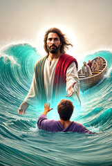 Scene from the Bible, specifically the story of Jesus Christ walking on water