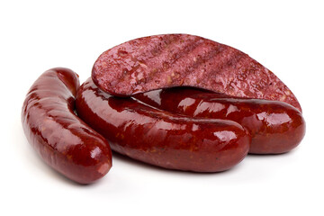 Smoked blood sausages, isolated on white background.