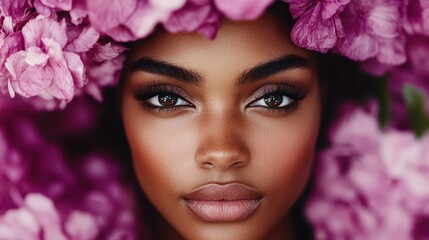 This stunning close-up portrait features a young woman adorned with vibrant flowers, emphasizing her luminous eyes and natural beauty amidst nature's vibrant splendor.