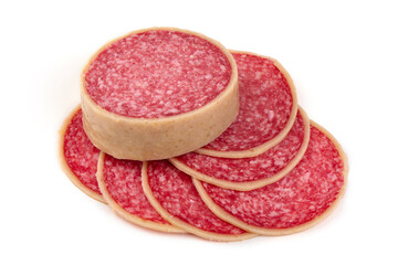 Sliced Dry Cured Salami Sausage Isolated on White Background.