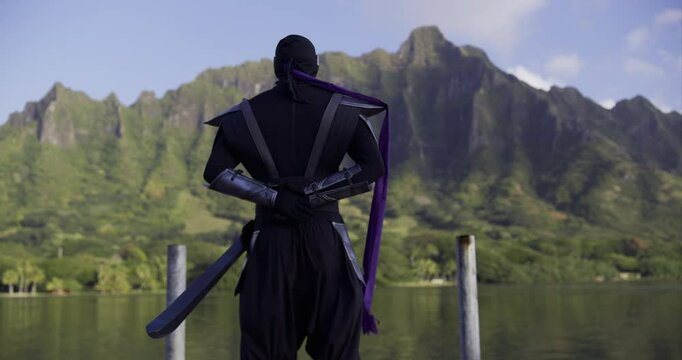 Armored ninja standing on tropical dock with purple scarf blowing in the wind - low, medium shot
