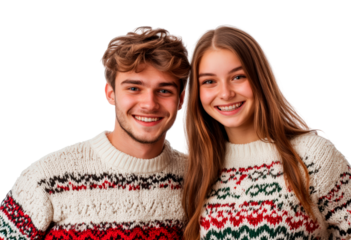 Young couple wearing festive sweaters stand closely together isolated on transparent background