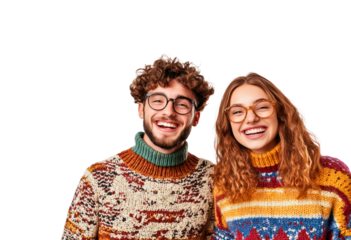 Couple in cozy sweaters smiles warmly while posing together isolated on transparent background