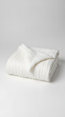 White knitted blanket folded on white mockup shows detailed weave pattern against light gray backdrop.