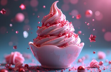 A cybernetic ice cream with metallic toppings and holographic drizzle