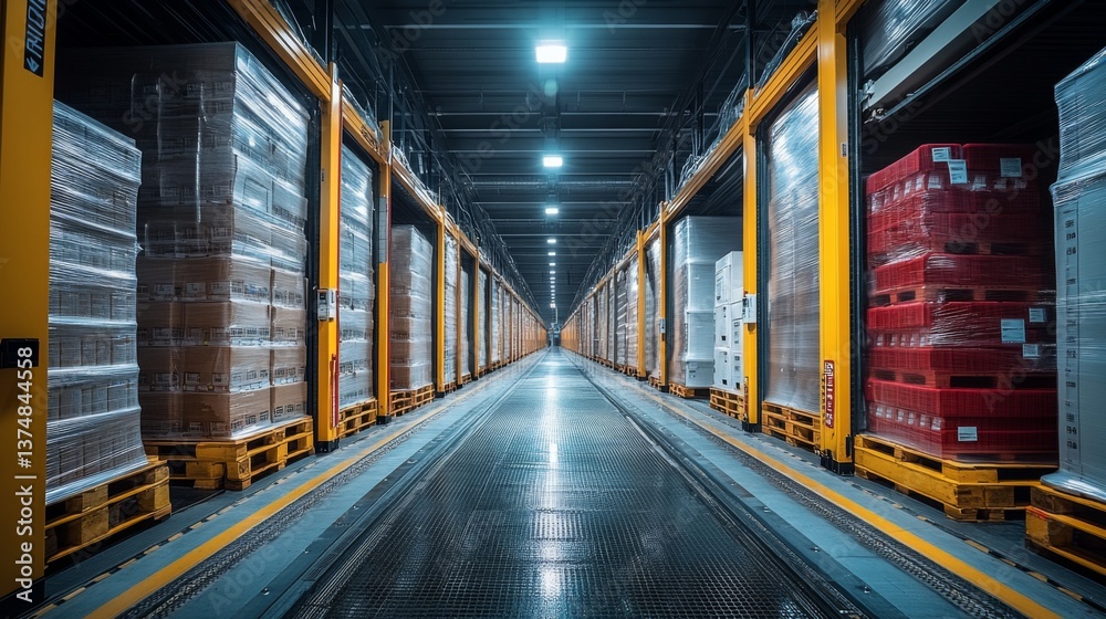 Leinwandbilder in a modern warehouse logistics center, neatly stacked pallets line the aisles, showcasing an organi