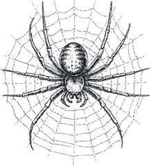 Obraz premium Black and white sketch of detailed spider in its web illustration. Vector illustration