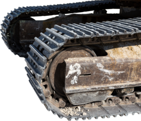 A close-up of the tracks of a heavy large excavator in a mining quarry.